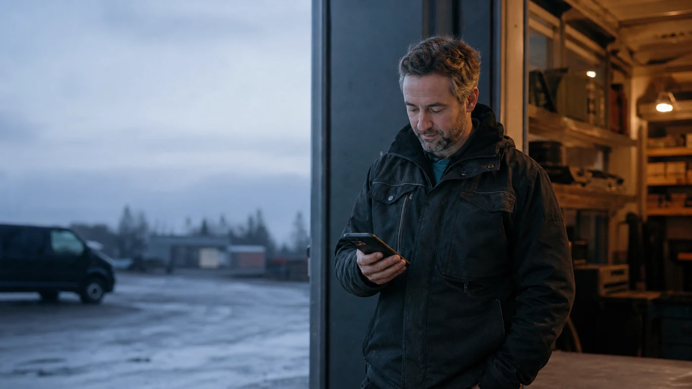 En företagare använder Företagsassistenten på mobilen vid sin verkstad.