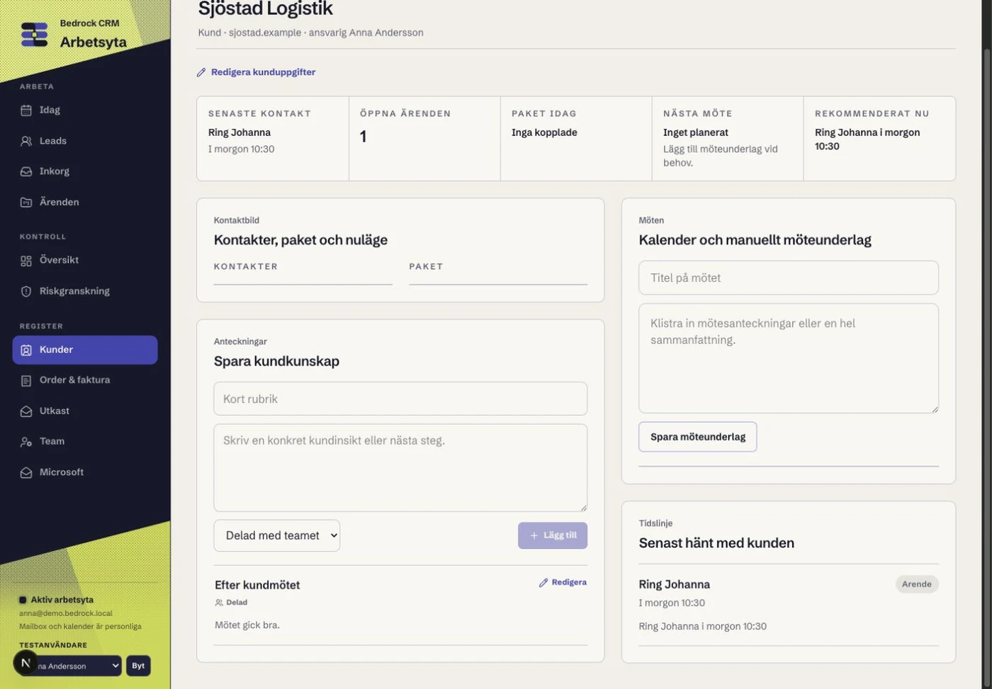 Bedrock CRM:s kundkort med exempeldata för Sjöstad Logistik, anteckningar och nästa steg.