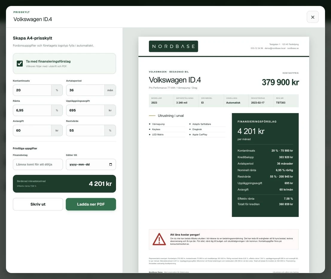 Prisskylt för en exempelbil med Nordbases logotyp, fordonsfakta och finansieringsförslag.