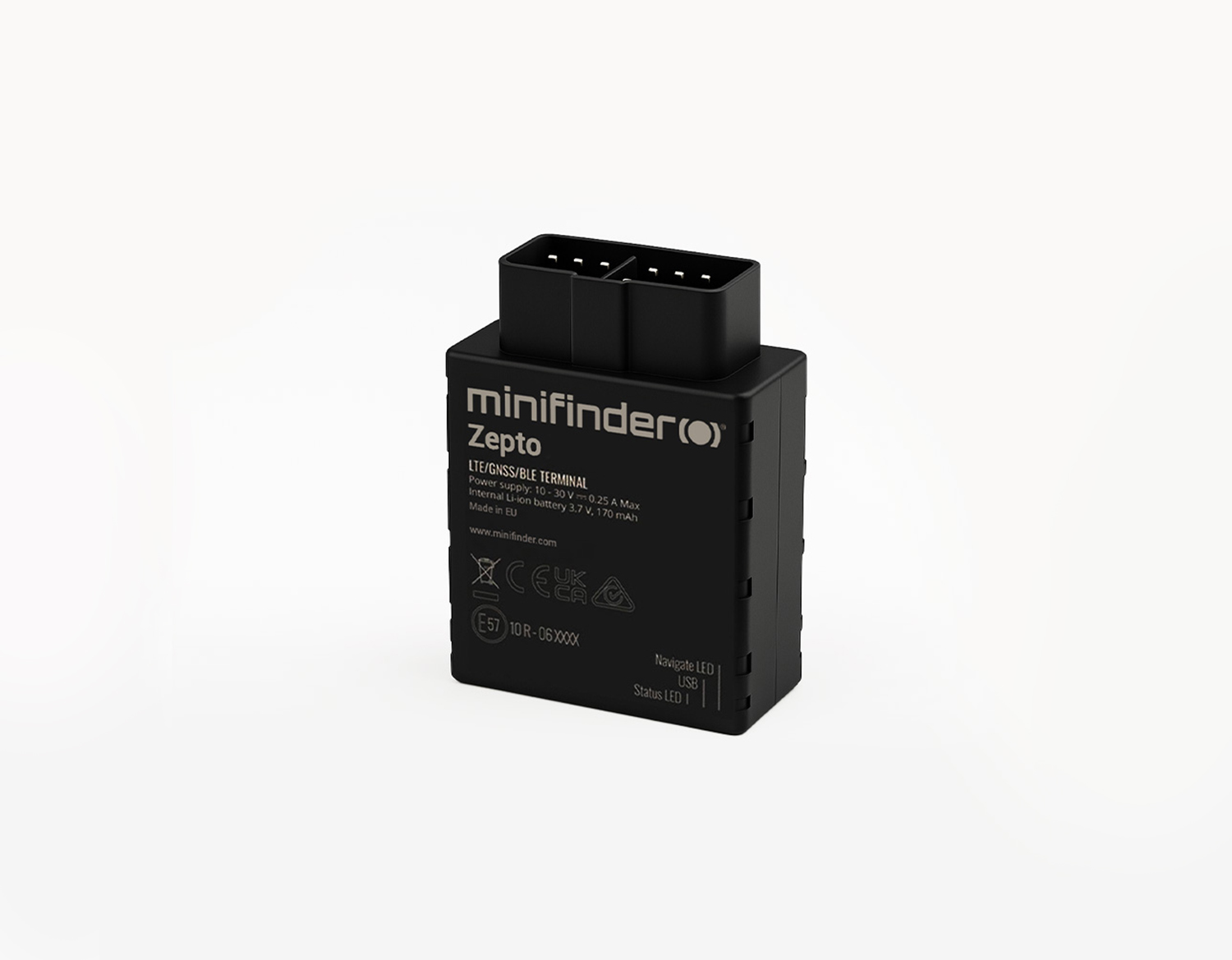MiniFinder Zepto, en kompakt GPS-enhet med OBD-kontakt för fordonets diagnosuttag.