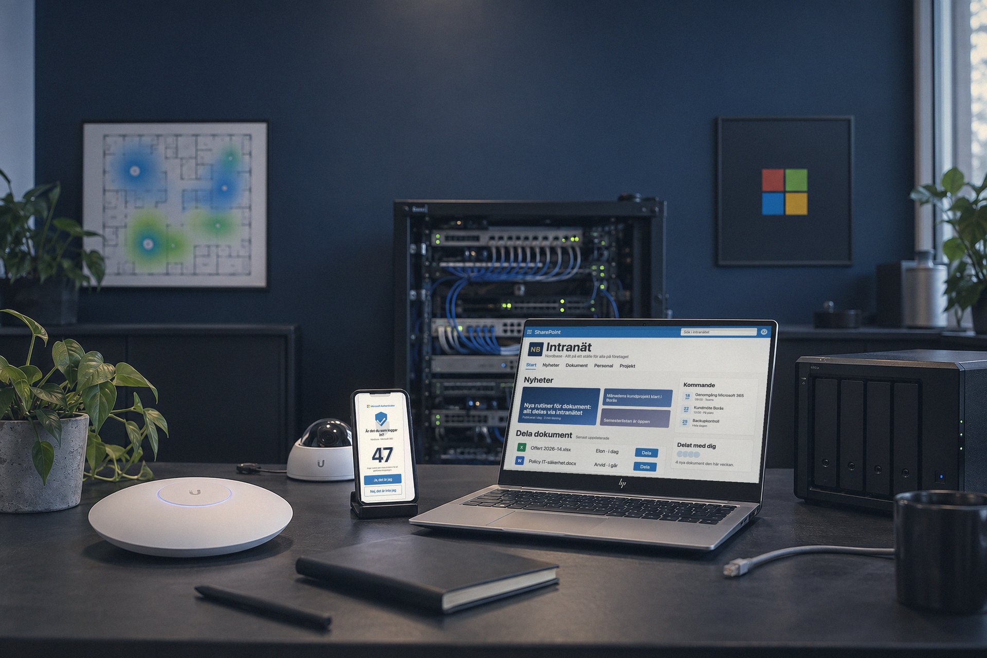 Ett skrivbord med en dator som visar företagets intranät, en telefon med inloggning i två steg, en accesspunkt och ett nätverksskåp bakom.