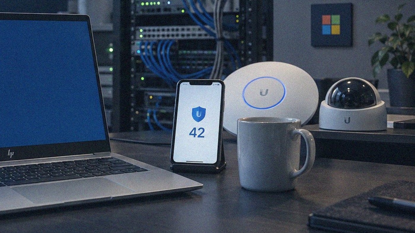 En telefon som visar en kod bredvid en bärbar dator på ett skrivbord.