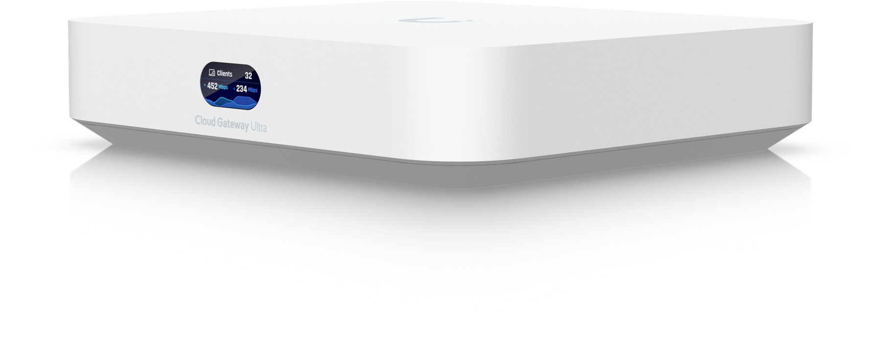 UniFi Cloud Gateway Ultra, en liten vit brandvägg.
