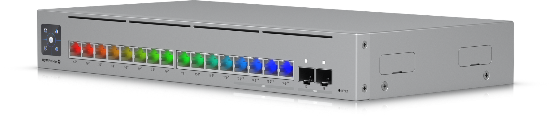 En UniFi-switch med sexton portar, frilagd.